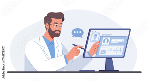 Doctor analyzing patient data on a modern computer, providing telehealth consultation and online medical advice with cutting-edge technology solutions