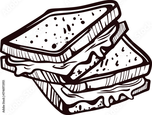 Hand drawn illustration of two stacked sandwiches with melted cheese in vintage engraving