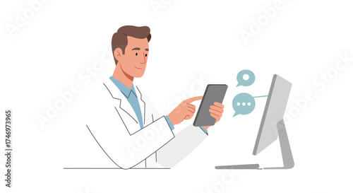 Confident doctor using tablet for remote patient communication, offering accessible telehealth with modern technology, ensuring secure virtual healthcare solutions