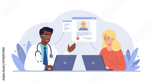 Doctor consulting patient online, offering medical advice with compassion via video call; modern telehealth, healthcare, and virtual medicine concepts