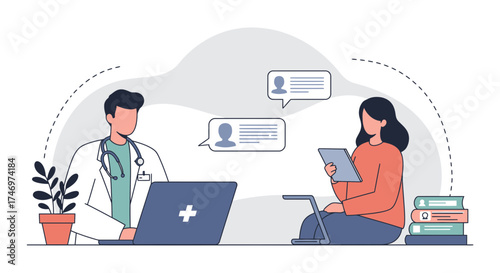 Doctor consults patient online, offering telemedicine advice and virtual care using a laptop and tablet, promoting accessible healthcare solutions now
