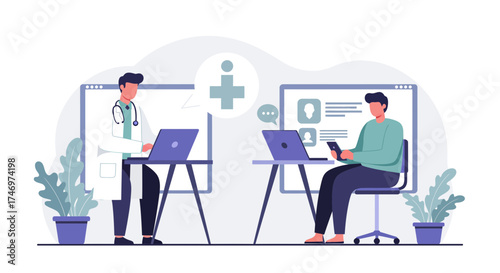Modern telehealth consultation with doctor and patient using digital devices for virtual healthcare in a connected world, promoting wellness and accessibility