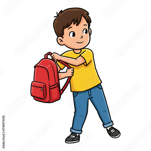 Hand Made Cartoon illustration of a boy holding a red backpack ready for school isolated on white background