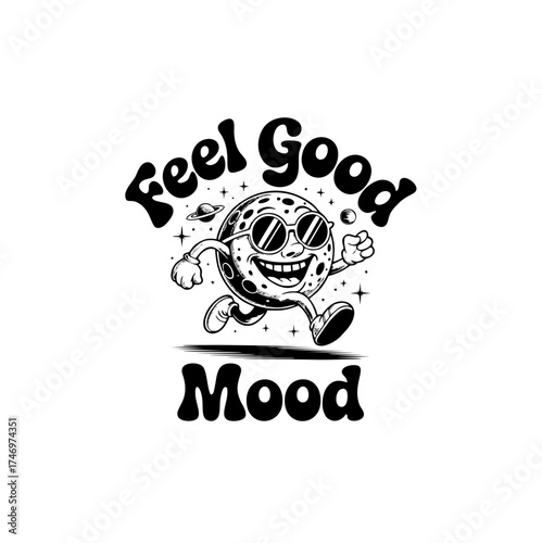 Feel Good Mood - Retro Cartoon Moon Running Sunglasses T-Shirt Vector Graphic