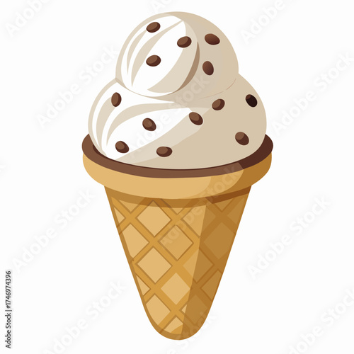 Vanilla ice cream in wafer style cone with chocolate sprinkles. Vector illustration isolated on a white background