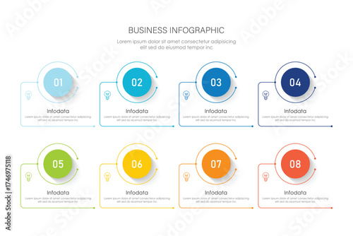 Business processes. Timeline infographics with 3, 8, 5 steps, options. Vector graphics.	