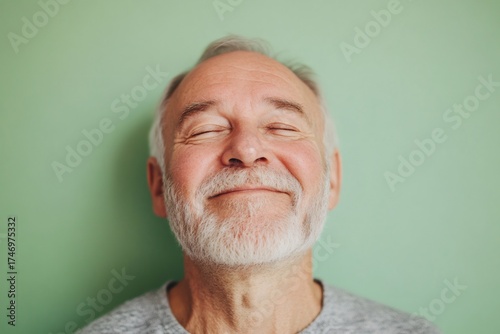 Happy older man with a white beard and gray hair, expressing joy and peacefulness against a mint green background