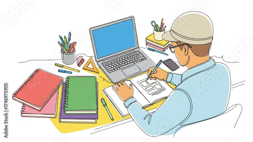 Colorful One-Line Illustration of Designer’s Desk with Sketchbooks, Laptop, and Stationery in Creative Minimalist Work Environment