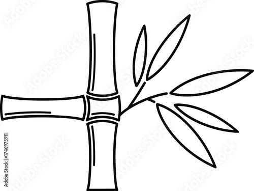 A simple black and white line art illustration of a bamboo stalk with a branch and leaves on a white background.