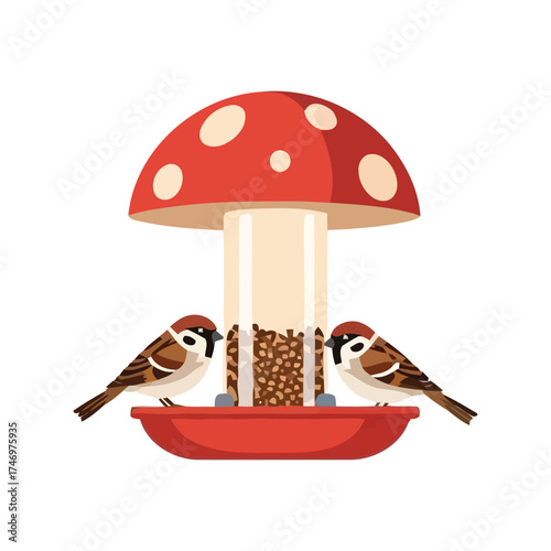 Cute mushroom bird feeder with sparrows eating seeds outdoor garden accessory vector