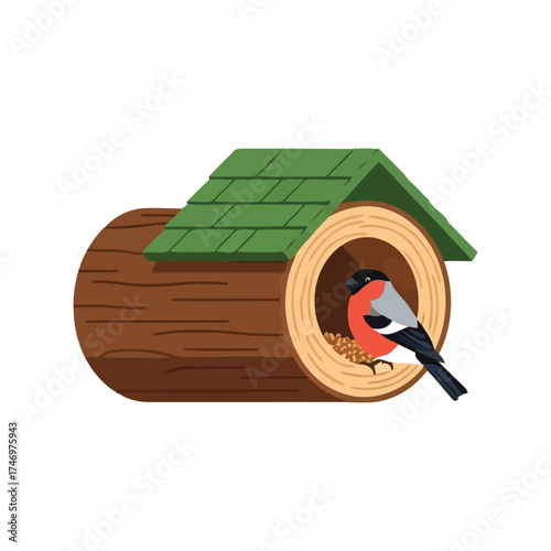 Charming bullfinch bird nesting in hollowed log home with green roof vector