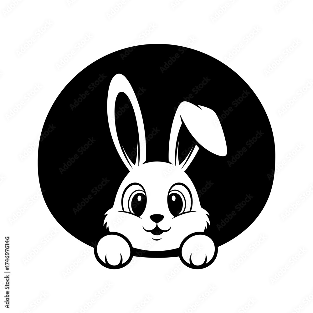 Obraz premium Cute white bunny peeking out from black circle playful easter mascot design vector