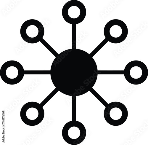 A black hub and spoke icon representing a network, connectivity, and a centralized system on a white background.