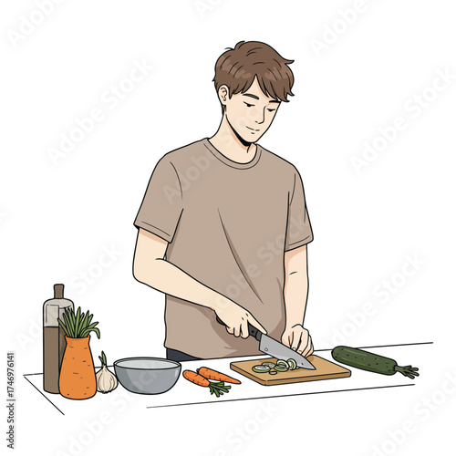 Hand Made Young man preparing a healthy meal chopping vegetables on a cutting board vector illustration for cooking and lifestyle content