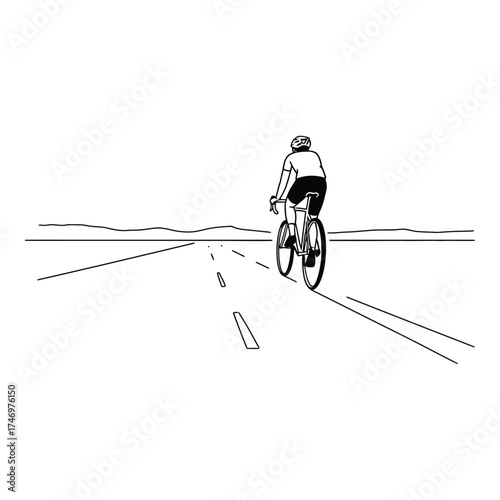 Hand Made Cyclist riding on a long road minimalist line art illustration representing freedom and outdoor activity