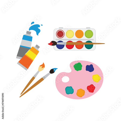 Creative art supplies watercolor paint brushes and palette for artists vector