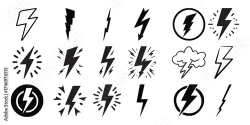 Collection of diverse lightning bolt icons and symbols representing energy and power