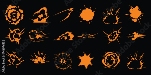 Collection of Orange Cartoon Explosion and Smoke Effects on Black Background