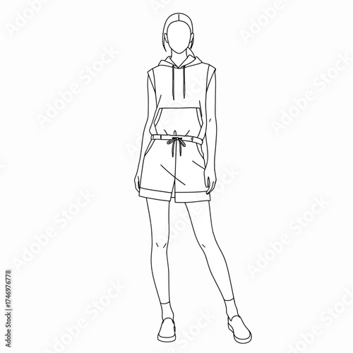 Stylish sporty woman in hoodie and shorts, a modern casual look, perfect for fashion blogs, fitness promotions, and trendy apparel designs in a minimalist style