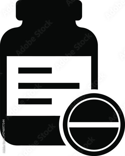 A black and white icon representing a prescription bottle with a pill in front of it.