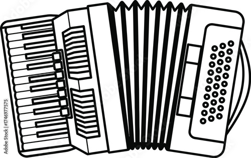 Black and white line art illustration of a musical accordion instrument.