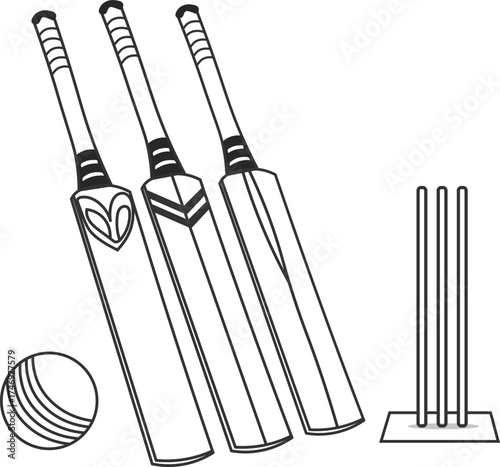 Minimalist line-art illustration of cricket bats isolated on a white background