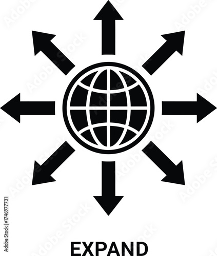 Black and white icon of a globe with arrows pointing outwards, labeled "EXPAND".