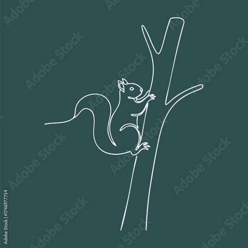 Minimalist line drawing of a squirrel climbing a tree branch on a dark teal