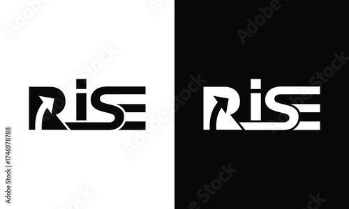 Bold rise logo concept showing upward growth and success on black and white background