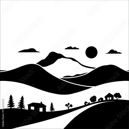 Minimal black mountain silhouette design on white background with calm and simple landscape
