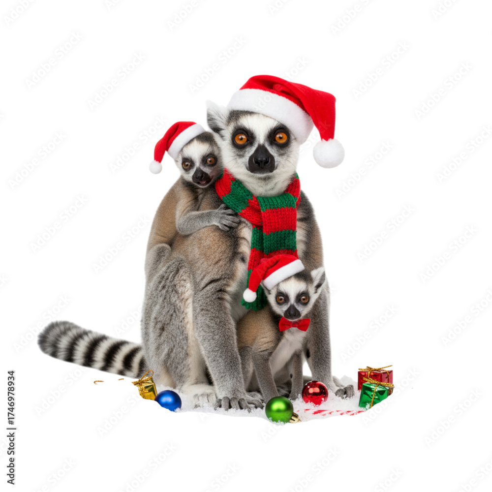 Obraz premium Festive lemur family wearing Santa hats and a scarf, surrounded by Christmas ornaments, sharing the holiday spirit with playful charm and endearing togetherness