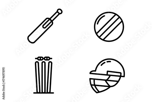Cricket Equipment Icons Set Bat Ball Wicket and Helmet Sport Equipment Outline Style Symbols Isolated on White Background