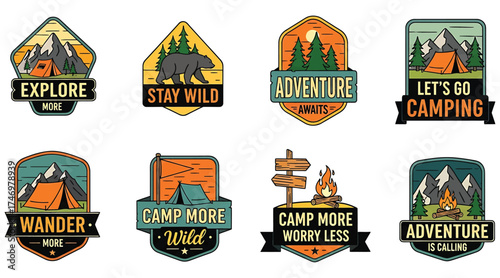 Vector art of a set of vibrant camping badges featuring tents, mountains, and bears, perfect for outdoor adventure enthusiasts