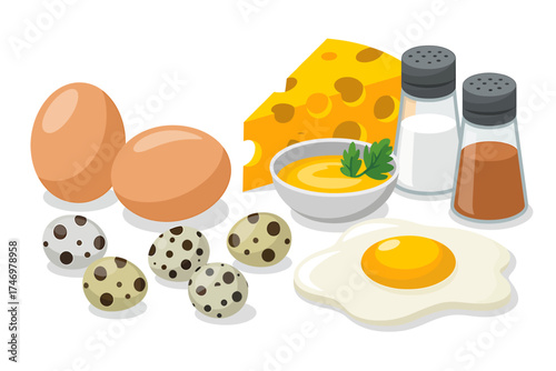 Nutritious breakfast featuring fresh eggs cheese and condiments perfect for starting the day healthy food ingredients illustration
