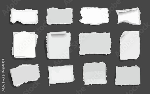 Isolated collection of torn paper pieces on dark background offering creative possibilities for digital designs and collage work