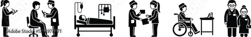 A collection of simple black and white icons depicting various medical and healthcare scenarios, including patient consultations, hospital beds, and medical professionals.