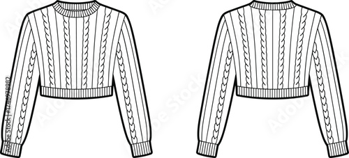 Sweater Cropped Cableknit Knitwear Apparel Fashion Garment Pullover Clothing Illustration Sketch Design Technical Flat Drawing Template Vector Outline Ribbed Neckline Cuffs Hem
