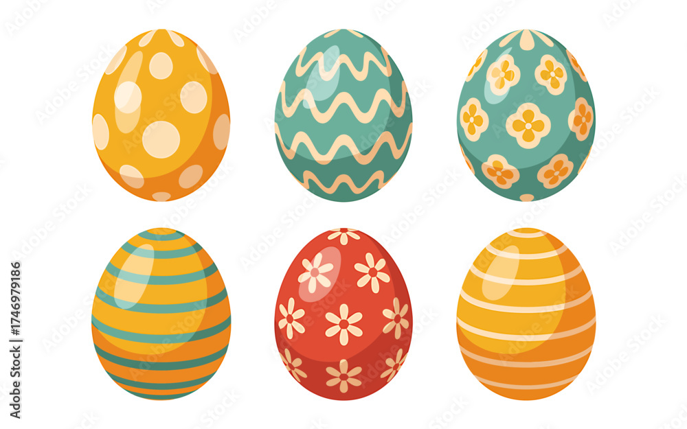 Fototapeta premium Six Colorful Easter Eggs with Unique Patterns on a White Background for Holiday Celebration
