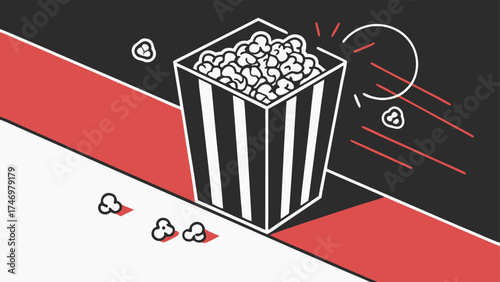 Fresh popcorn exploding from classic striped container, perfect for movie night, cinema promotion, or streaming service advertisement