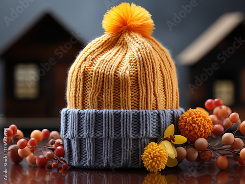 Cozy Knitted Beanie with Autumn Decor
