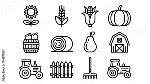 Collection of Farm and Agriculture Icons Representing Harvest and Rural Life Depicted in Black Outline Style