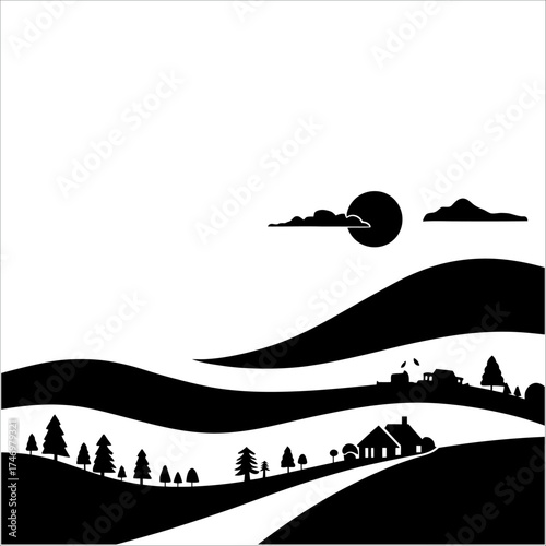 Minimal black mountain silhouette design on white background with calm and simple landscape