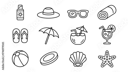 Minimalist Line Art Beach Vacation Icons Sunscreen Hat Sunglasses and More for Summer Fun and Relaxation