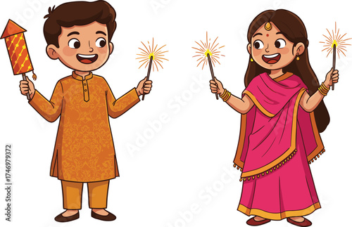 Children celebrating Diwali with fireworks, traditional Indian attire, festive joy, cultural celebration, sparkler lights, ethnic clothing, happy kids, holiday spirit