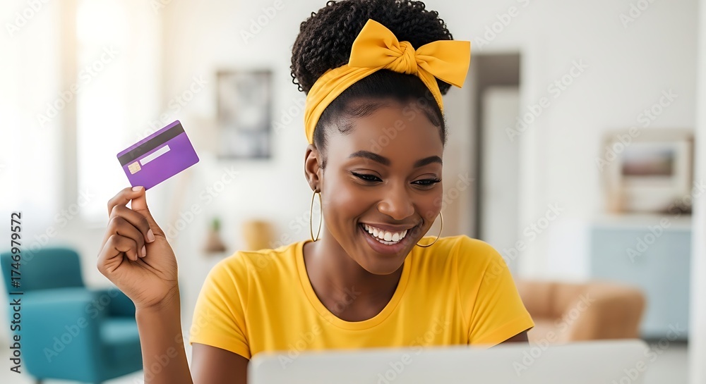 Joyful Black woman smiling, holding credit card, ready for online shopping at home