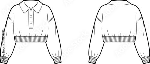 Sweater Cropped Longsleeve Fashion Apparel Garment Knitwear Clothing Illustration Sketch Design Technical Flat Drawing Template Vector Outline Collar Buttons Cuffs Hem Ribbed