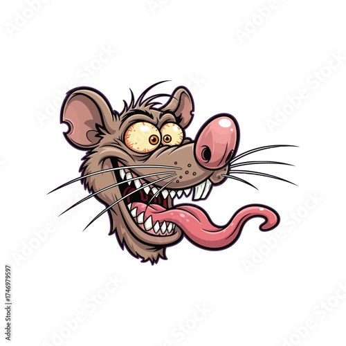 Crazy cartoon rat face wild eyes tongue out humorous rodent character vector