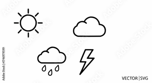 Minimal 4 Icon Vector Set – Weather Symbols of Sun, Cloud, Rain and Lightning in Flat SVG Style on White Background