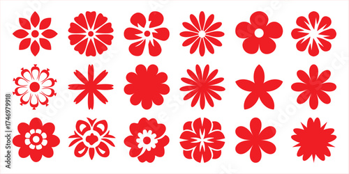 Collection of Red Floral Silhouettes on White Background