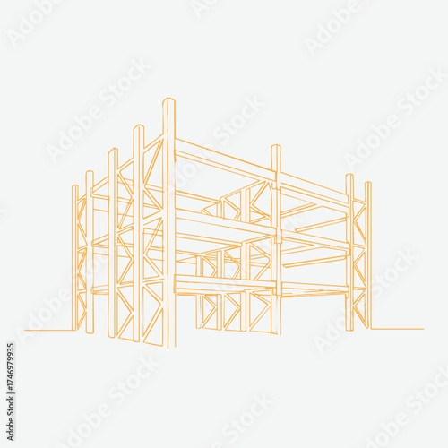 Structural framework of a multi-level building under construction with orange outlines on a light